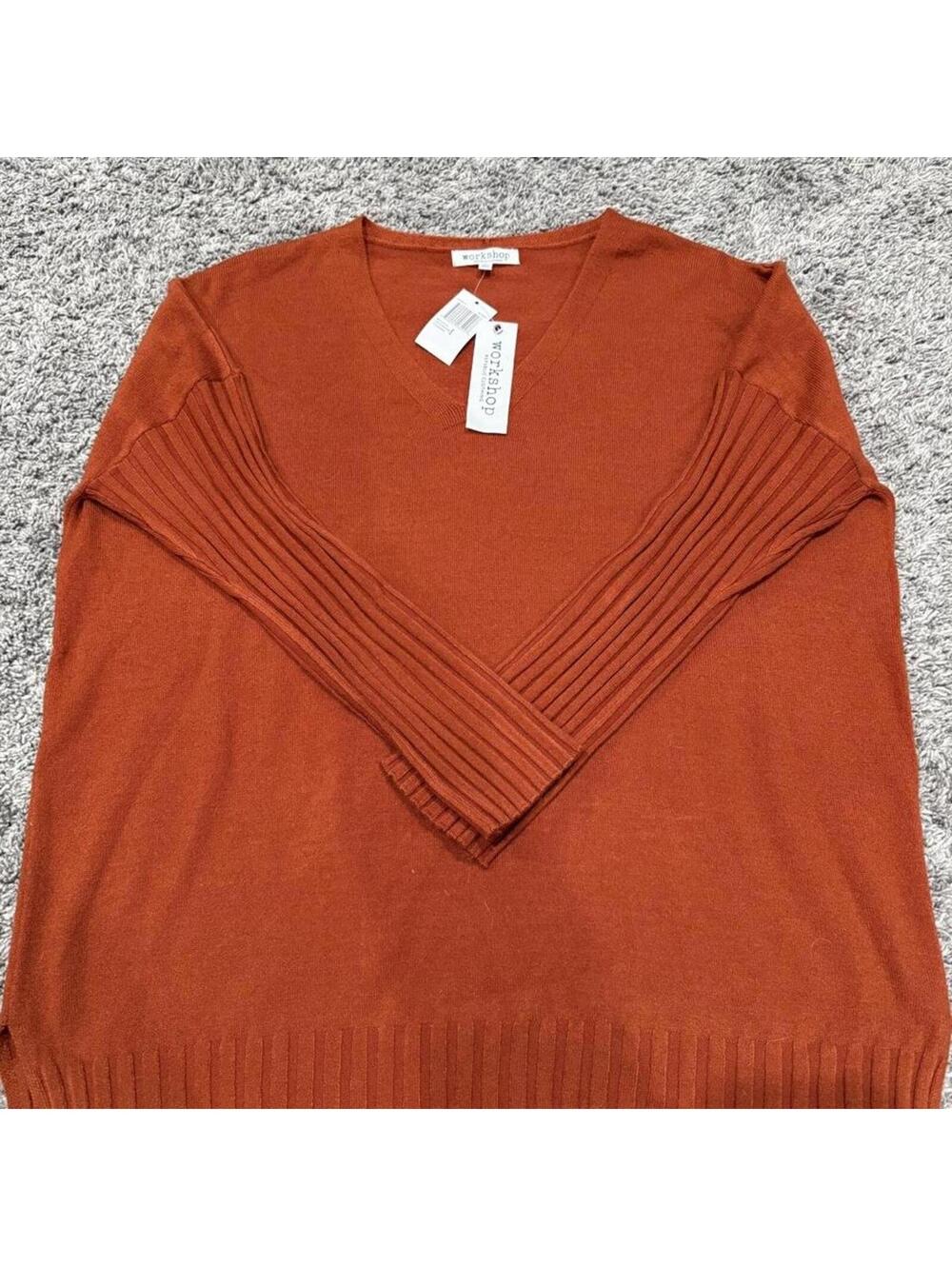 Workshop Women's Rust Orange V-Neck Sweater with Ribbed Slee
